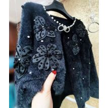 Luxuriöser Blumen-Perlen-Strickpullover mit Kunstfell-Open-Stitch-Cardigan für Damen Herbst Frühling Oberbekleidung Sweater Jacke