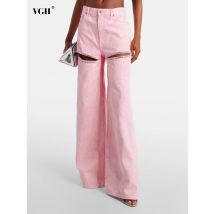 VGH High Street Gespleißte Diamanten Denim Hosen für Frauen Hohe Taille Aushöhlen Patchwork Tasche Breite Bein Hosen Weiblichen Stil