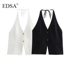 EDSA Damen-Elegantes Neckholder-Top mit Krawatte, V-Ausschnitt, falsche Weltentaschen, offener Rücken, lässige weibliche einreihige Bluse
