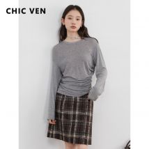 CHIC VEN Frauen T-Shirts Solide Lange Ärmel Lose Beiläufige Neue Rundhals Plissee Tees Basis Weibliche Top Frühling Sommer 2025,
