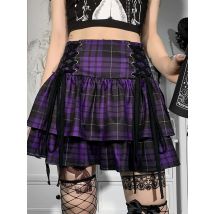 Vintage Y2K Punk Sexy High Waist Mini Skirts Purple Plaid Bandage Harajuku Aesthetic Skirt Goth Grunge Cake Skirt Streetwear