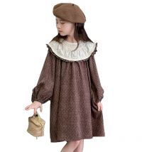 Kinder Langarm Herbst kleid für Mädchen Kinder schokoladen braune Farbe Kleider mit gekräuselten Halskragen Kleidung 5 6 8 10 12 14y