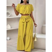Mode Puff Sleeve Short Top Sets Ladyelegant O Neck Tops + Hohe Taille Spitze-up Breite Bein Hosen 2-teiliges Set Für Frau Urlaub Neue