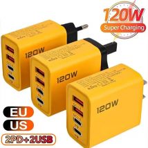 Caricatore USB tipo C totale da 120 W Adattatore per caricabatterie per telefono USB a ricarica rapida a 4 porte per iPhone Samsung Xiaomi Caricatore da muro a ricarica rapida