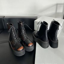 2025 Damen-Stiefel mit dicken Sohlen, poliert, Retro-Schnürung, kleine kurze Muffin-Unterseite, Wasteland Wind, Plateau-Absätze