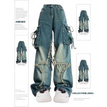 Damen Blue Cargo Jeans Baggy Vintage 90er Jahre Ästhetische High Waist Cowboy Hose Harajuku Denim Hose Y2k Trashy 2000er Jahre Kleidung 2024