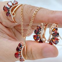 Kinel 585 Rose Gold Color 3pcs Vintage Jewelry Sets for Women Shiny Red Natural Zircon Ring Earrings Necklace Daily Jewelry