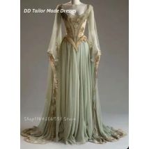 Fantasie-Abendkleid mit ausgestellten Ärmeln, langes Vintage-viktorianisches Salbei-Abschlussballkleid, goldene Spitzenapplikationen, individuelle formelle Damenkleider