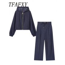 TFAFXY Vintage Casual Chic Frauen Anzug Solide Zipper Mit Kapuze Bluse Kordelzug Gerade Hosen Neue Mode 2025, Herbst Anzüge