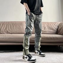 High Street Casual Zipper Color Block Men's Cargo Pants Classic Waist Drawstring Pocket Straight Cylinder Male Fashion Trousers