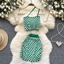 2025 neue Urlaub Stil Plaid Anzüge Frauen Liebsten Hotsweet Mini Tops + Hohe Taille Bodycon Rock Mode Lässig Gestrickte Sets