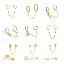 Gold Silver Color Plated Double Hole Link Chain Circle Hoop Earrings Zircon Star Lightning Eye Pendant Huggie Piercing Earring