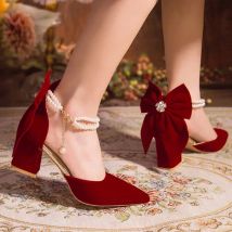 Luxury Pearl Chain Burgundy Red Suede Pumps Women Summer 2026 Elegant Red Velvet Bowknot Party Shoes Woman Chinese Wedding Shoes