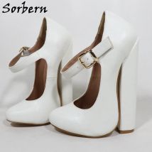 Sorbern White Matte Mary Jane Women Pump Shoes Block High Heel Round Toe Plus Size Eu47 Chunky Heeled Unisex Style Custom