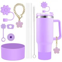 9-teiliges Tassenzubehör für Stanley-Set, 2 Stroh- und Bürsten- und 1 Blumen-Charm-Kette, 3 auslaufsichere Stopper, Blumen-Strohhalm-Abdeckung, Stiefel