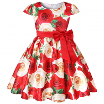 Süßes bedrucktes Mädchenkleid mit Blume und Schleife. Performance-Outfit für Geburtstage und Festivals für Kinder. Lässiges Prinzessinnen-Partykleid.