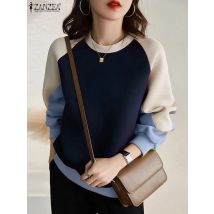 2024 ZANZEA Fashion Women Sweatshirt Autumn Patchwork Hoodies Tops Loose Pullover O Neck Long Sleeve Sweater Casual Streetwear