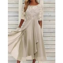 Mode Oansatz Kurzen ärmeln Taille Kleid Für Frauen Elegante Einfarbig Chiffon Gespleißt ​ ​ Spitze hohle Abendkleider weiblich