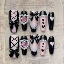 10szt Black Edge French Press on Nails Wearable Pink Med-length Ballet False Nail Love Pearl Bow Design Full Cover Nail Tips Art