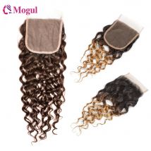 4*4 spitze Verschluss Wasser Welle Haar Dunkelbraun 1B 27 Ombre Honig Blonde Farbe 10-20 inch remy Menschliches Haar Verschluss MOGUL HAAR