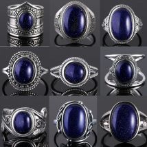 Anello in argento S925 per donna ovale rotondo goccia d'acqua anello in pietra arenaria blu naturale regalo gioielleria raffinata di lusso retrò a forma di sole