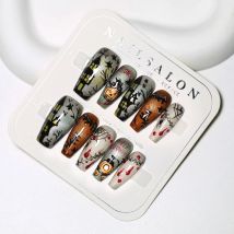 10-teiliges mittellanges quadratisches Nägel-Set zum Aufdrücken von Kürbis-Fledermaus-Design, künstliche Nägel, Halloween-Spinnennetz, tragbar, vollständige Abdeckung, künstliche Nagelspitze