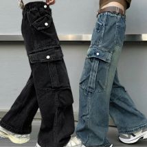 Luxus Teen Mädchen Kleidung Hip Hop Tasche Jeans Cargo Hosen Kinder Kind High Fashion Lose Gerade Denim Hosen 5, 7, 8, 10, 12 14