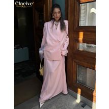 Clacive Fashion Loose Pink Satin Women's Two Pieces Set 2025 Elegant Long Sleeve Blazer With High Waist Maxi Skirt Set Female