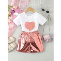 Valentinstag Kinder Mädchen Kleidung Bequeme Kurzarm Nette Liebe Stickerei T-shirt Kunstleder Shorts 2 stücke Set Outfit