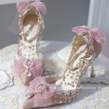 Handgefertigte süße Lolita-Sandalen, Schleifen, Strasssteine, spitze Zehen, Schleife, Knöchelriemen, Schnalle, rosa Kleid, Hochzeitsschuhe, hoher Absatz für Damen