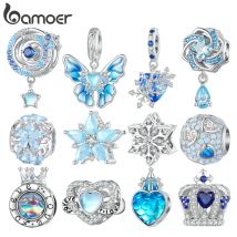 Bamoer 925 Sterling Silber Eis Reich Serie Schneeflocke Hängen Perle Blau Zirkon Krone Charme für Frauen Armband und Halskette DIY
