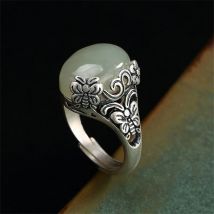 Vintage Jade eiförmiger Ring für Damen Zeigefinger-Zubehör Ethno-Stil Schmetterlings-Blumen-Ring Silber 925 Damenschmuck