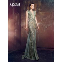 Atemberaubendes, gerades Abendkleid mit V-Ausschnitt, maßgeschneidert, glänzende Perlen, Illusion, Party-Damen, luxuriöses, ärmelloses Abendkleid mit Kristallen