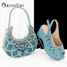 Queena Yan Himmelblaues, elegantes Hochzeitsschuh- und Taschenset mit nigerianischen Strasssteinen, italienisch inspirierte High Heels und passende Handtasche