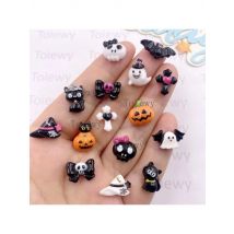 30pcs Resin Mini Colorful Painted Bat Pumpkin Skull Bow Cat Figurines Flat back Scrapbook DIY Halloween Decor Crafts Accessories