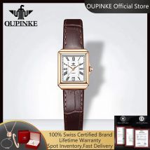 OUPINKE 3182 Schweizer Quarzwerk Damenuhr Echtes Lederarmband Retro Elegante Quadratische Damenuhr Luxusuhr für Damen