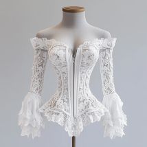 Schulterfreie Spitzenbluse für Frauen, ausgestellte Ärmel, Reißverschluss, solide, elegante, schicke, sexy, ausgehöhlte Langarm-Tops, unregelmäßiger Saum