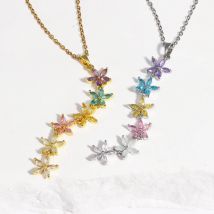Hochwertige glänzende bunte Zirkonia Blumen Anhänger Halsband lange Halskette Damen Edelstahl 18K vergoldet Schmuck