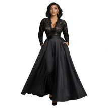 Sexy V-Neck Cocktail Plus Size Dress for Women's Pockets Long Sleeve Elegant Satin Lace Patchwork Wwedding Guest Evening Dress