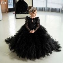 Verngo Schwarz Pailletten Tüll Mädchen Blumen Kleid Stehkragen Volle Ärmel Baby Geburtstag Party Kleid Prinzessin Tutu Kleid Angepasst