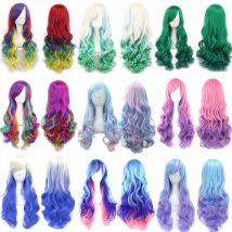 Soowee Parrucca cosplay arcobaleno Ombre per capelli sintetici con frangia Parrucche rosso giallo viola verde blu per donne nere