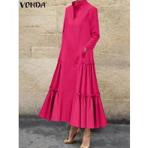 Plus Größe VONDA Frauen Rüschen Maxi Lange Kleid 2025, Casual Einfarbig A-Line Hemd Kleid Stehkragen Langarm Party Vestido