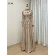 Mymb muslimische High Neck Langarm Champagner Abendkleider für Frauen Party schöne A-Linie Perlen Mutter der Braut Kleid
