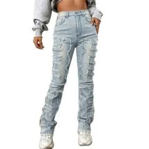 Vintage Patch Quaste Dekoration gerade Jeans Frauen mittlere Taille Jeans hose weibliche Trend Streetwear bequeme Freizeit hose 4