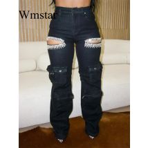Wmstar 2024 Autumn Style Personalized Women Pants with Tassel Diamond Pieces Mid Waist Straight Leg Jeans Wholesale Dropshipping