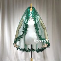 Einschichtiger dunkelgrüner Schleier mit Pailletten-Spitzenapplikation und Metallkamm, personalisierte Wahl – unverwechselbarer Hochzeitsstil