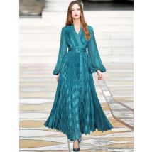 Abito in chiffon da donna 2025 Abiti lunghi da donna eleganti con scollo a V stampato scozzese primaverile con lacci e cravatta a pieghe con orlo largo