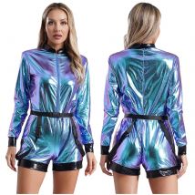 Damen Metallic Shiny Space Alien Roboter Overall Astronaut Kostüm Taille Gürtel Reißverschluss Boyshort Bodysuit Piloten Cosplay Outfits