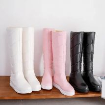 Winter Warme Plüsch Kniehohe Stiefel Frauen Bequeme Flache Ferse Schnee Stiefel Slip Auf Plattform Frau Lange Stiefel Schuhe Schwarz Rosa Weiß 2022