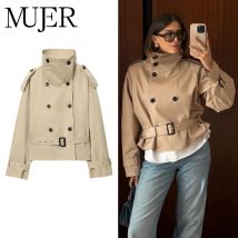 MUJER Abgeschnittene Damen-Windjacke, zweireihig, Trenchcoat, Damen, neu in Mänteln, Gürtel, Windjacke, Damen, Büro, Outdoor-Mäntel